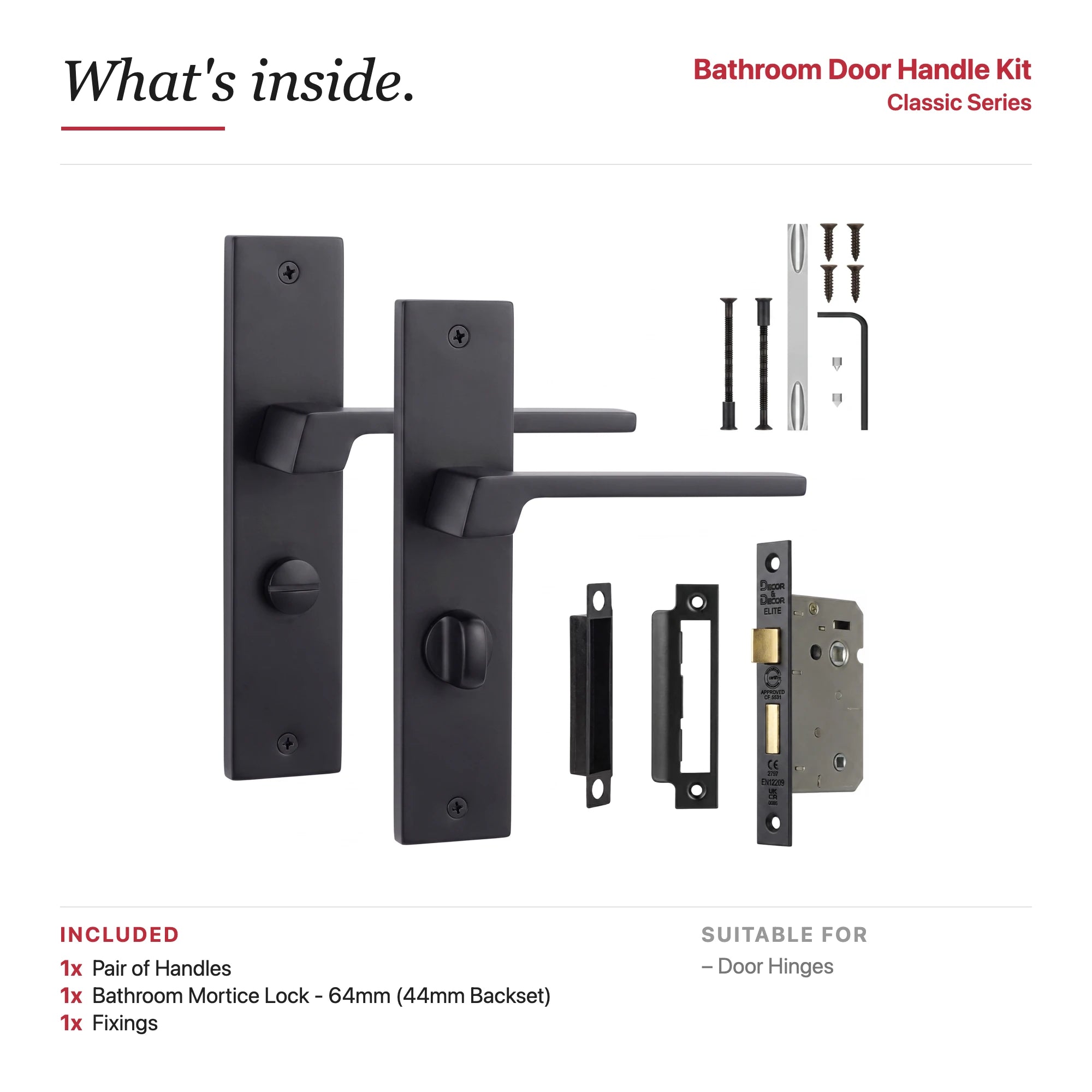Spectra Matt Black Bathroom Door Handles on Backplate – showing what's included in the box