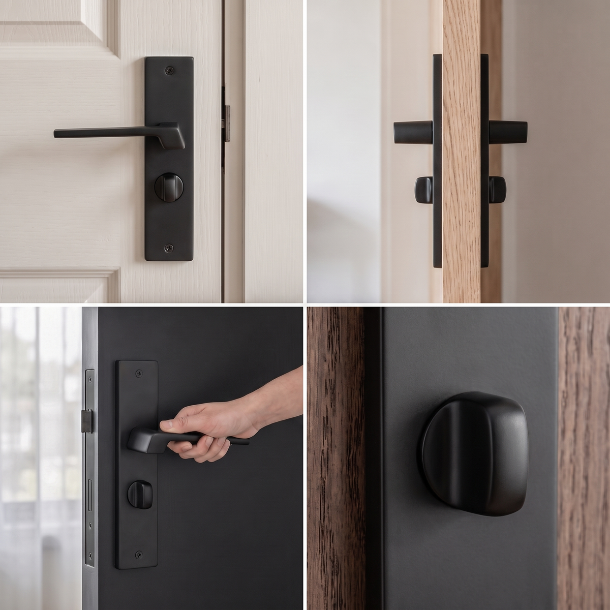 Spectra Matt Black Bathroom Door Lever Handles on Backplate – fitted on an interior door in a styled room setting 2