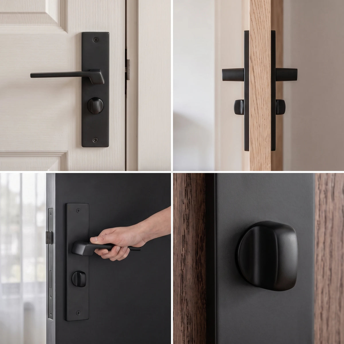 Spectra Matt Black Door Lever Handles on Backplate – fitted on an interior door in a styled room setting 2