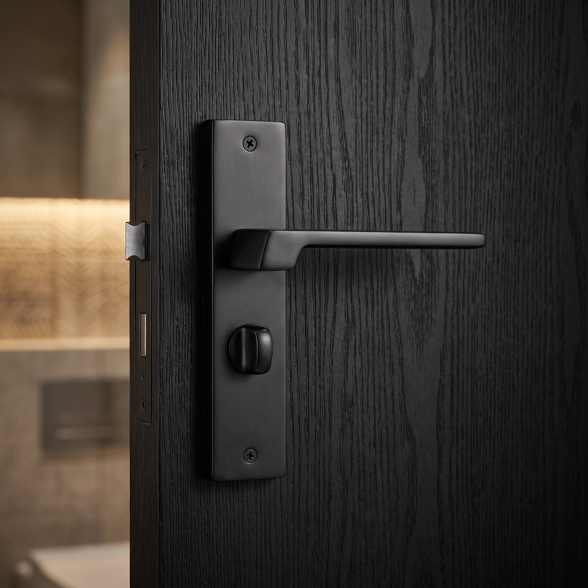Spectra Matt Black Bathroom Door Lever Handles on Backplate – fitted on an interior door in a styled room setting 3