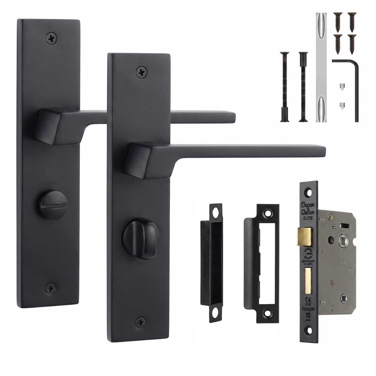 Spectra Matt Black Bathroom Door Lever Handles on Backplate - Bathroom Kit 76mm