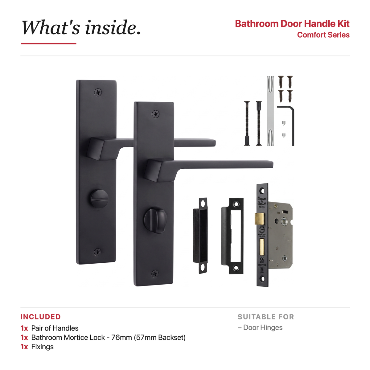 Spectra Matt Black Bathroom Door Lever Handles on Backplate – showing what's included in the box
