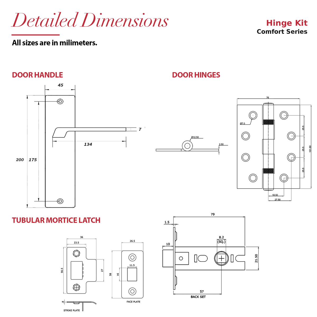 Spectra Matt Black Passage Door Lever Handles on Backplate – dimensions and measurements diagram
