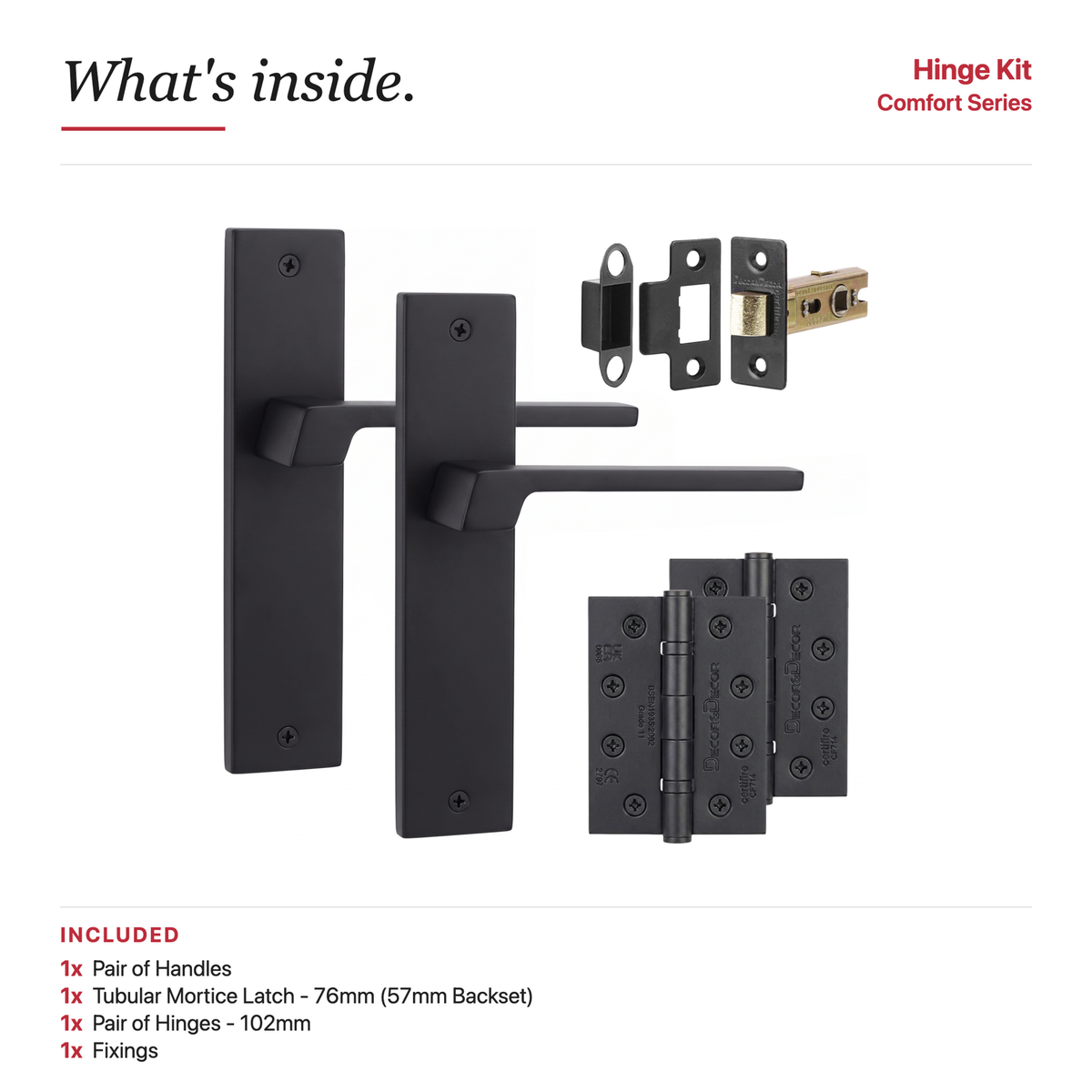 Spectra Matt Black Passage Door Lever Handles on Backplate – showing what's included in the box
