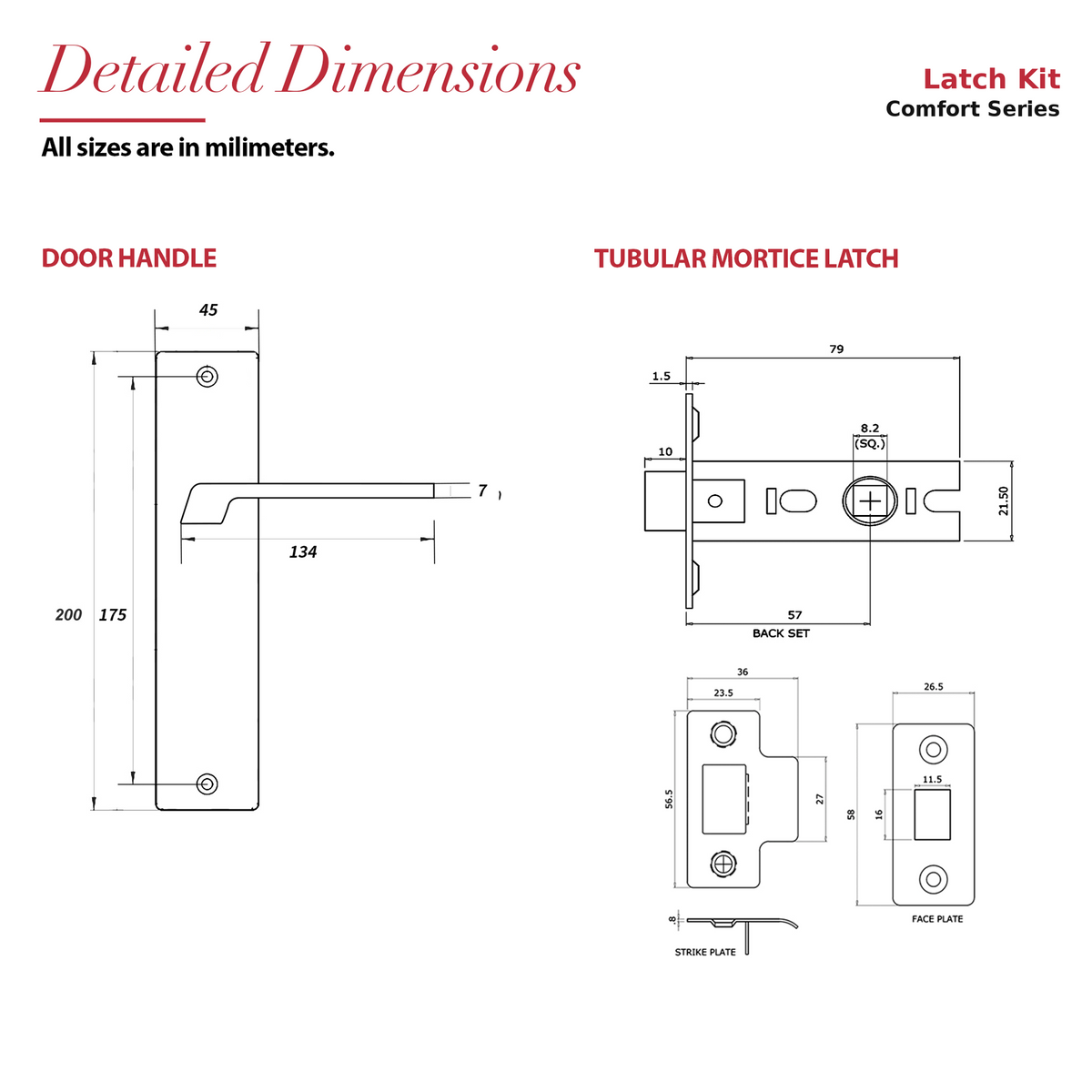 Spectra Matt Black Passage Door Lever Handles on Backplate – dimensions and measurements diagram