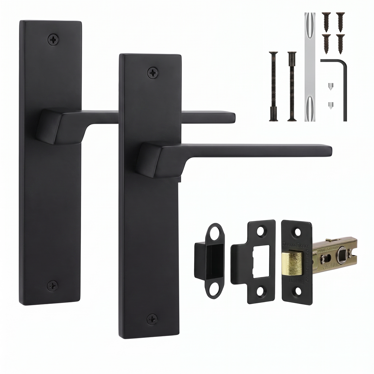 Spectra Matt Black Passage Door Lever Handles on Backplate - Latch Kit 76mm