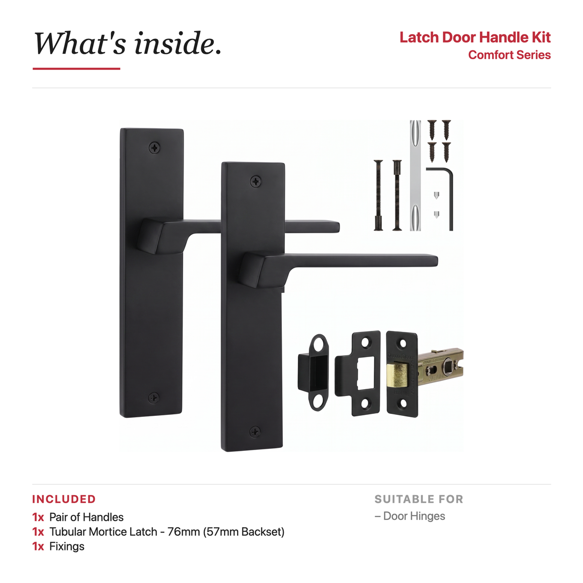 Spectra Matt Black Passage Door Lever Handles on Backplate – showing what's included in the box