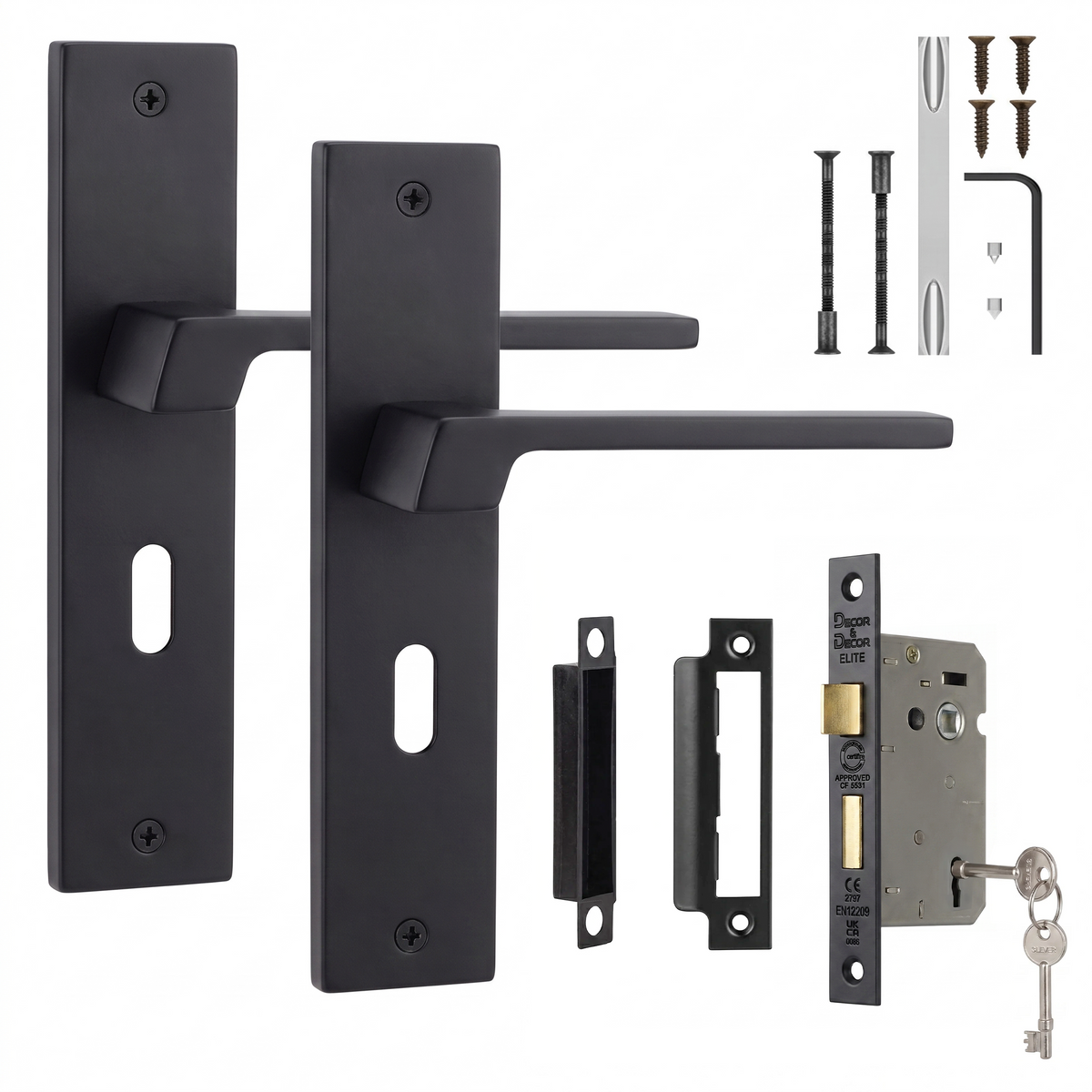 Spectra Matt Black Privacy Door Lever Handles on Backplate - Sash Lock Kit 76mm