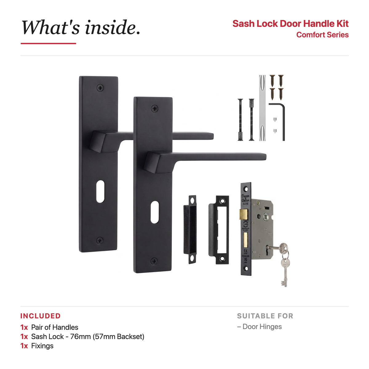 Spectra Matt Black Privacy Door Lever Handles on Backplate – showing what's included in the box