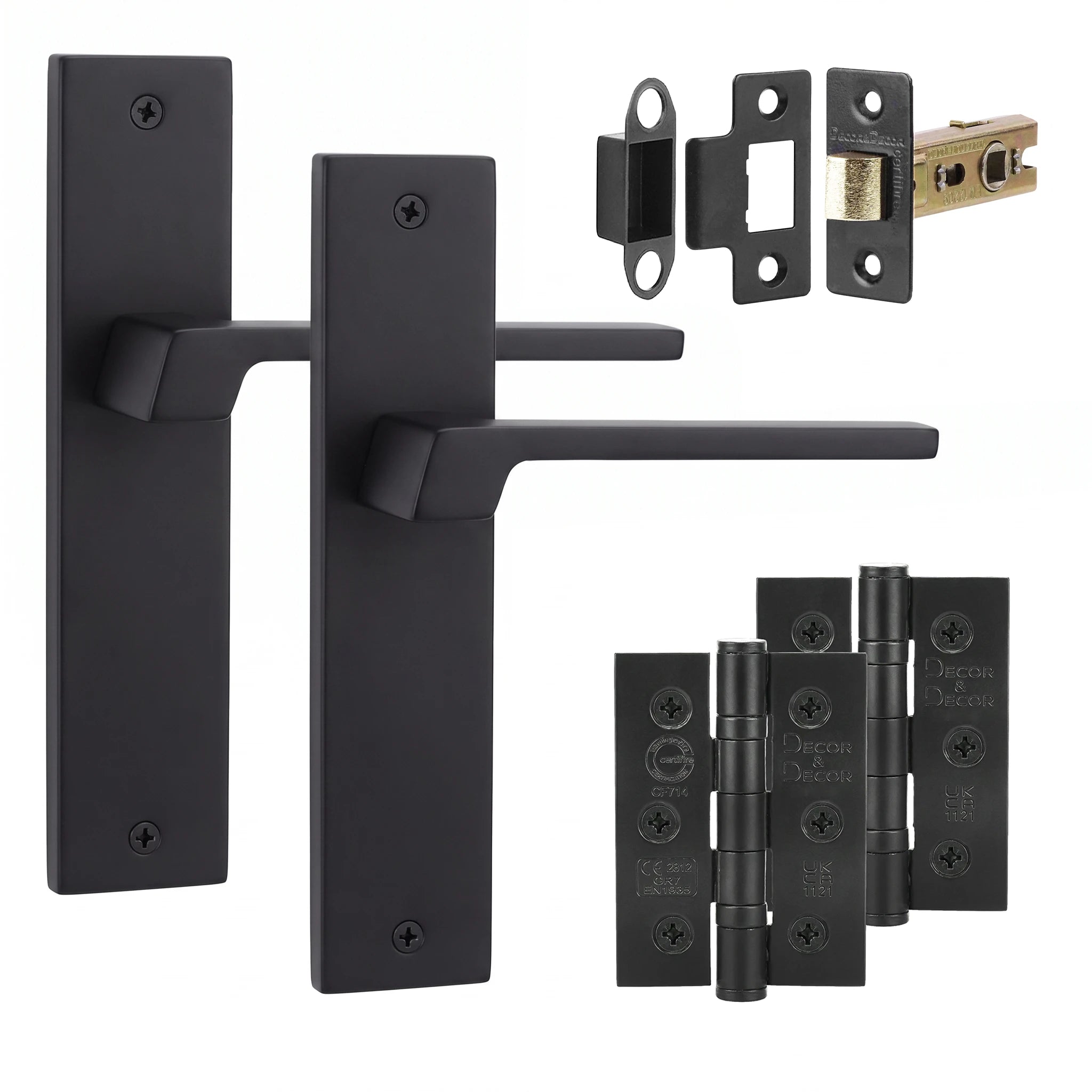 Spectra Matt Black Passage Door Handles on Backplate - Latch and Hinge Set
