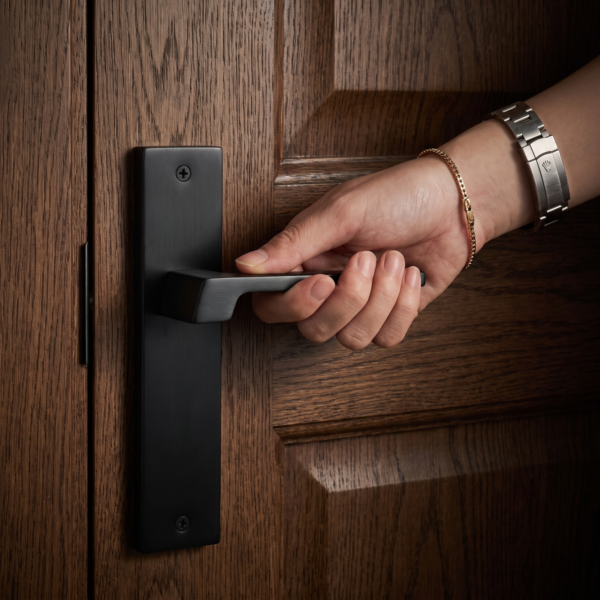 Spectra Matt Black Door Lever Handles on Backplate – held in hand to show the size and finish