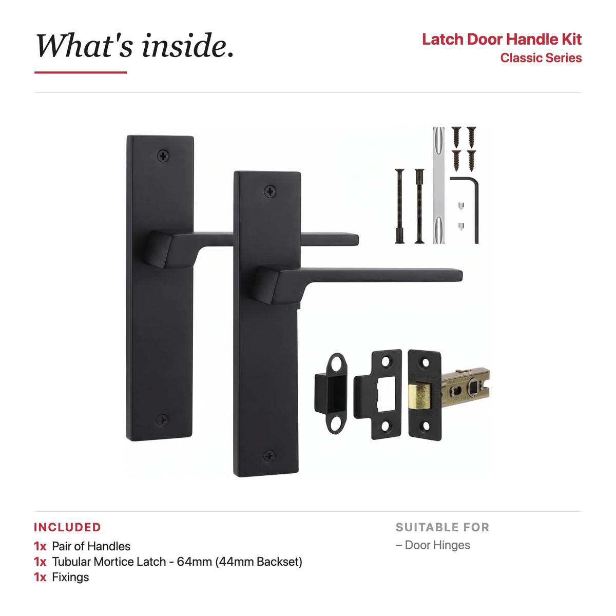 Spectra Matt Black Passage Door Handles on Backplate – showing what's included in the box