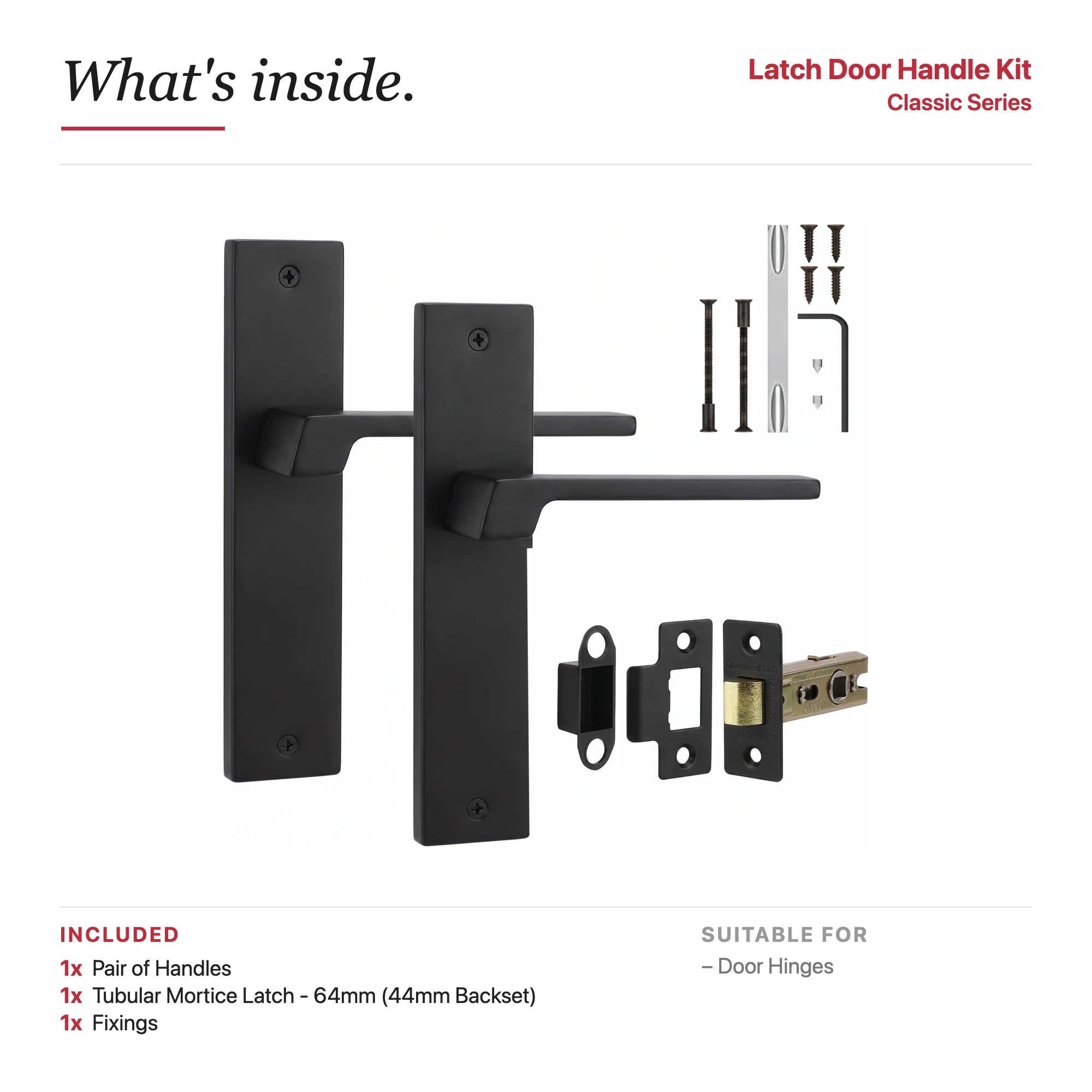 Spectra Matt Black Passage Door Handles on Backplate – showing what's included in the box