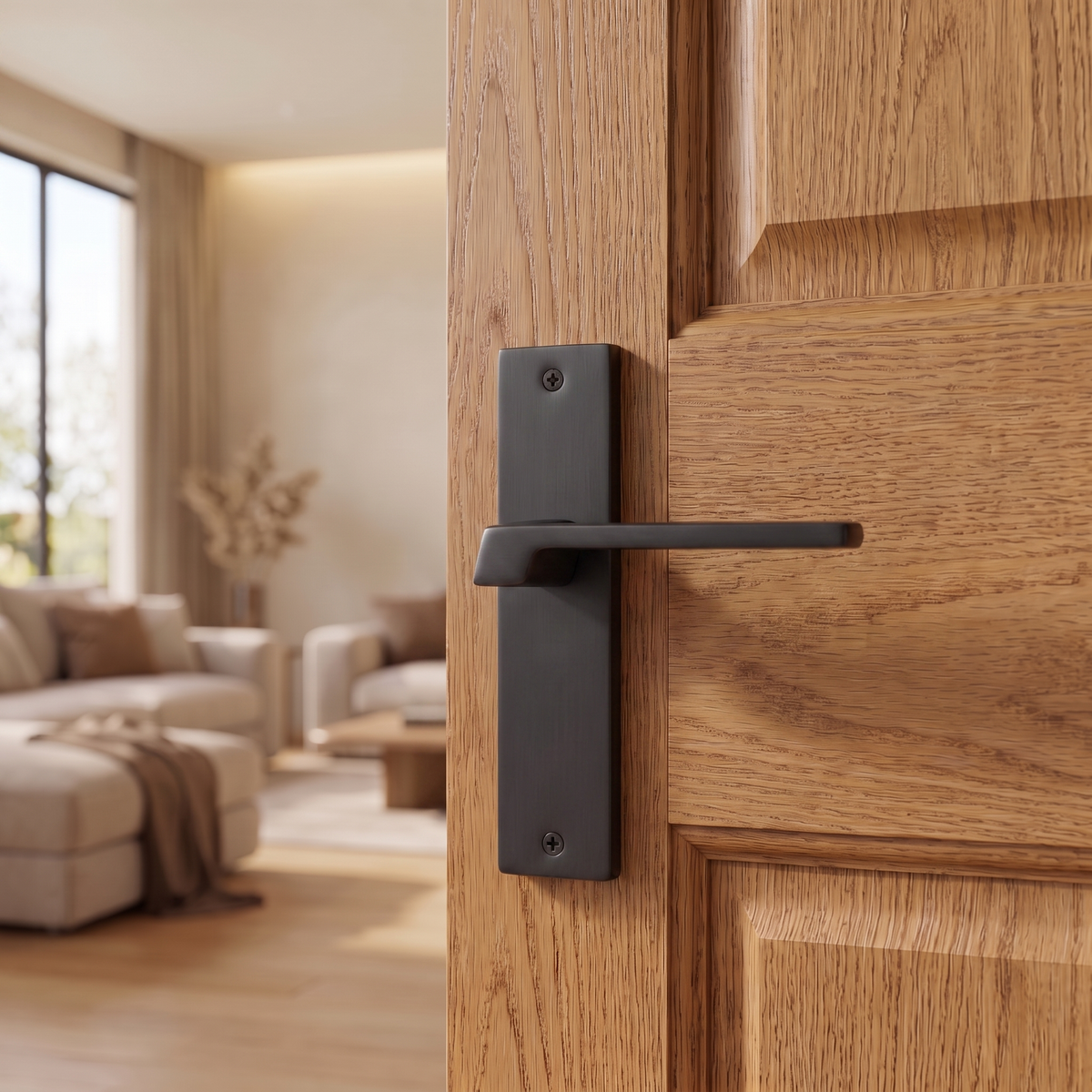 Spectra Matt Black Passage Door Lever Handles on Backplate – fitted on an interior door in a styled room setting