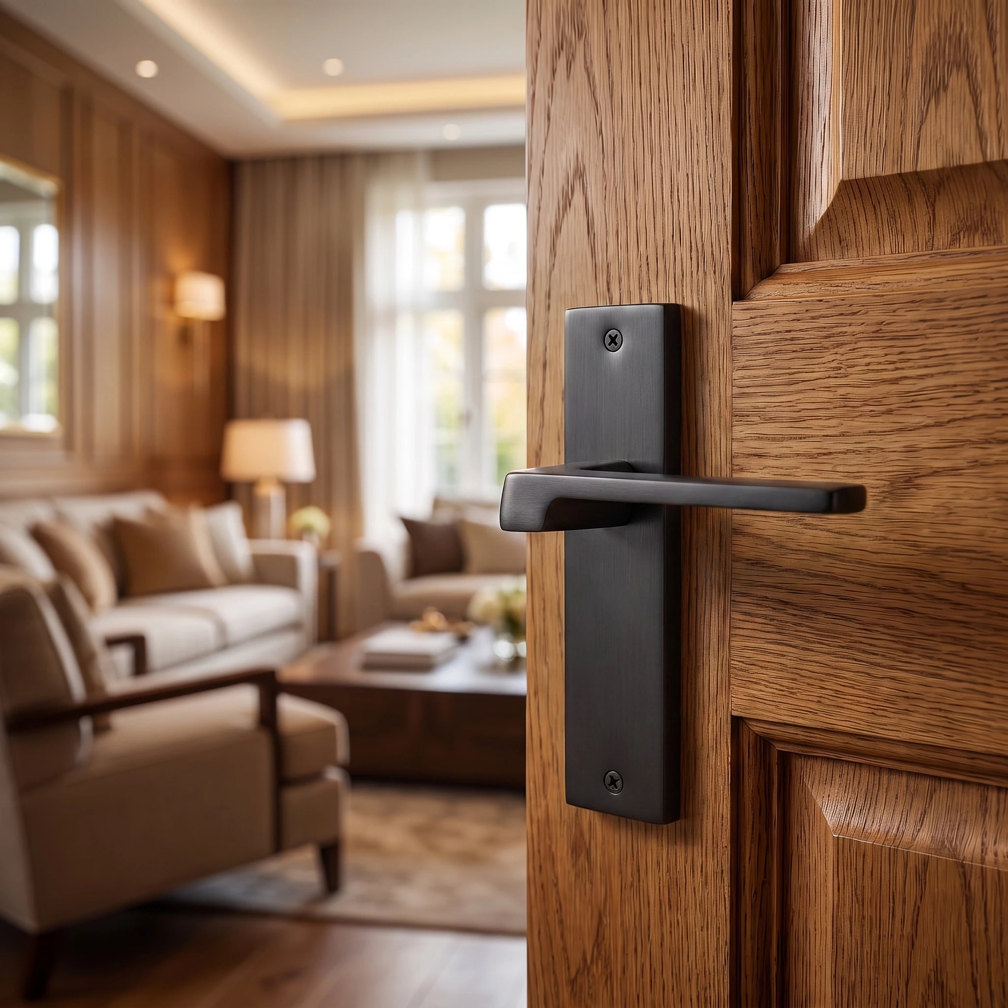 Spectra Matt Black Passage Door Handles on Backplate – fitted on an interior door in a styled room setting 3