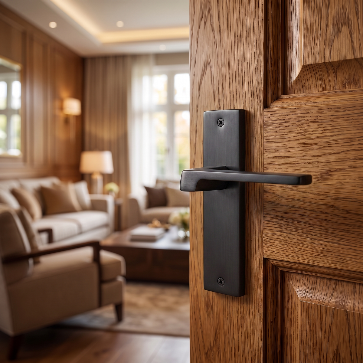 Spectra Matt Black Passage Door Lever Handles on Backplate – fitted on an interior door in a styled room setting 3