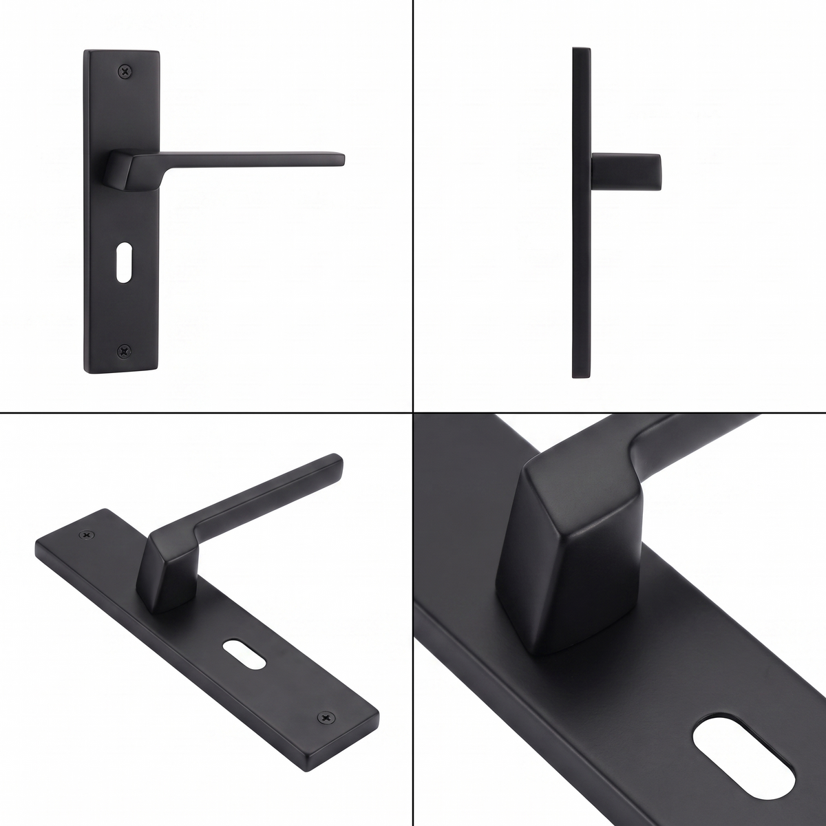 Spectra Matt Black Privacy Door Lever Handles on Backplate – shown from multiple angles