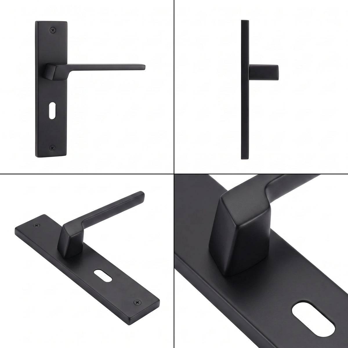 Spectra Matt Black Door Lever Handles on Backplate – shown from multiple angles