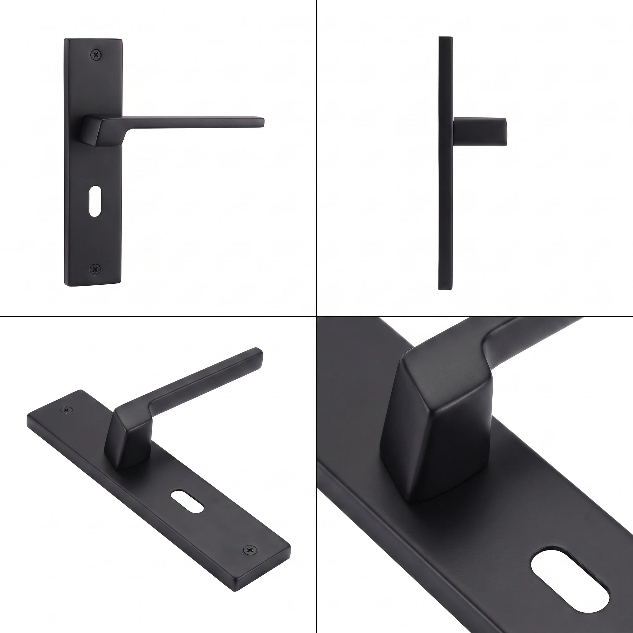 Spectra Matt Black Privacy Door Handles on Backplate with Keys – shown from multiple angles