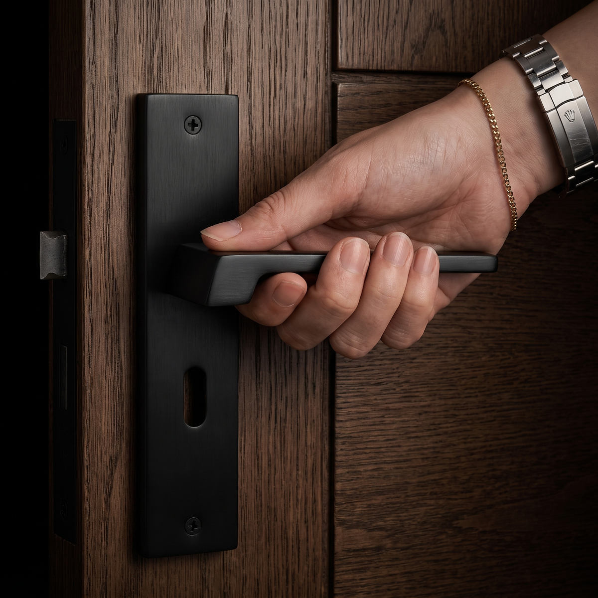 Spectra Matt Black Privacy Door Lever Handles on Backplate – held in hand to show the size and finish
