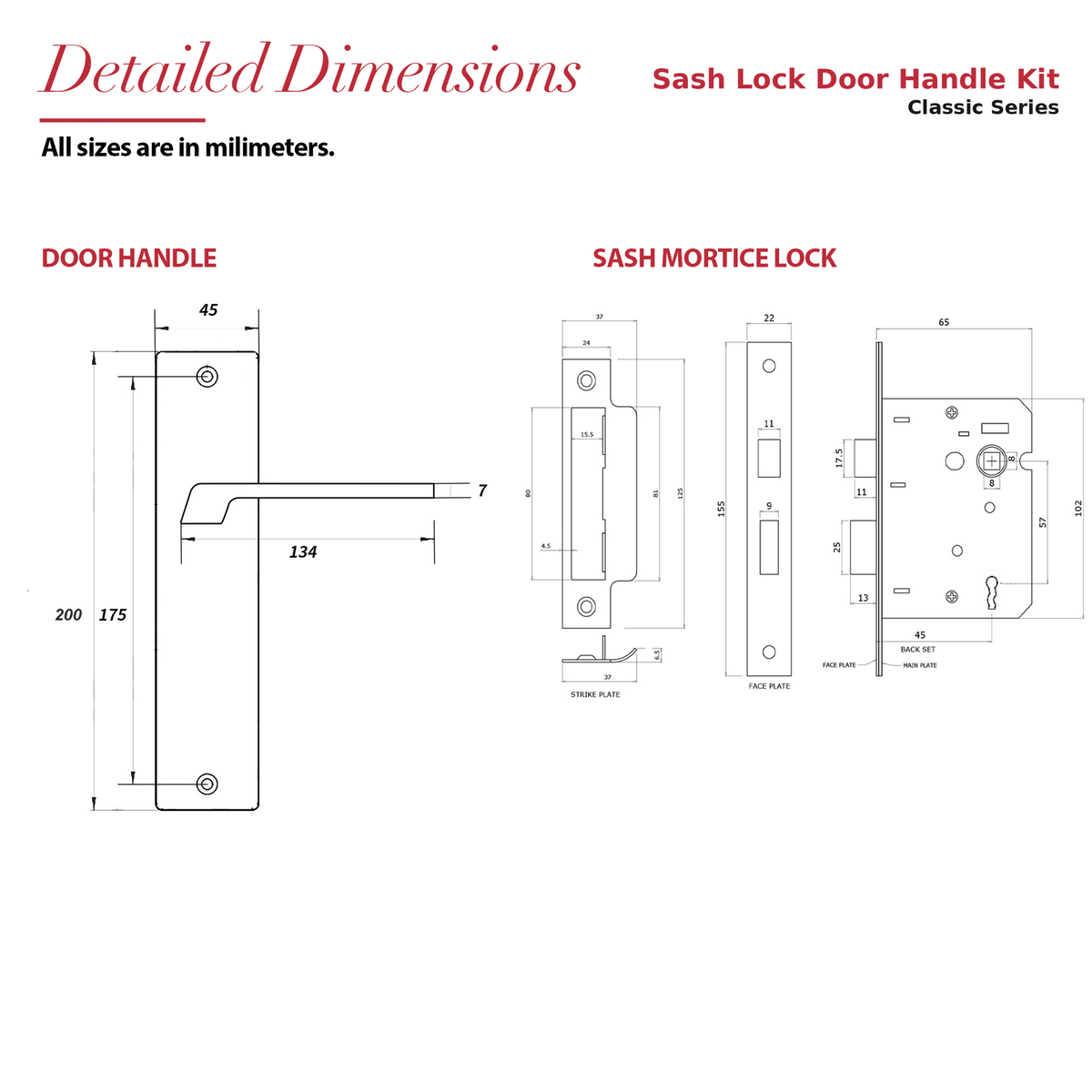Spectra Matt Black Privacy Door Handles on Backplate with Keys – dimensions and measurements diagram
