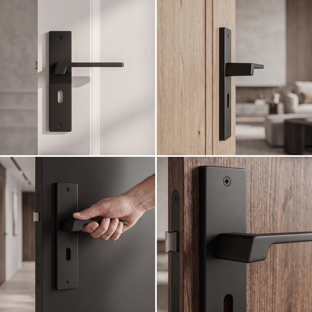 Spectra Matt Black Privacy Door Lever Handles on Backplate – fitted on an interior door in a styled room setting 2