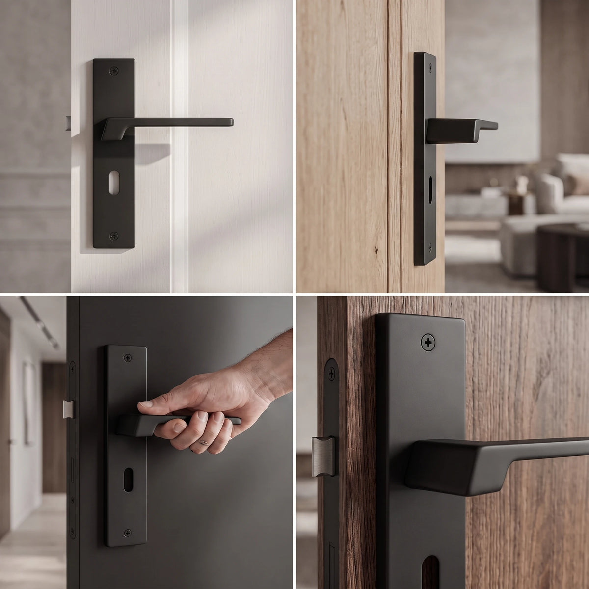 Spectra Matt Black Door Lever Handles on Backplate – fitted on an interior door in a styled room setting 2
