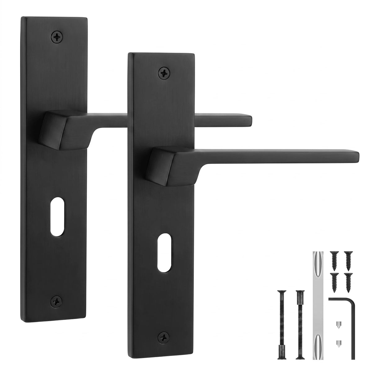 Spectra Matt Black Door Lever Handles on Backplate - Key Hole