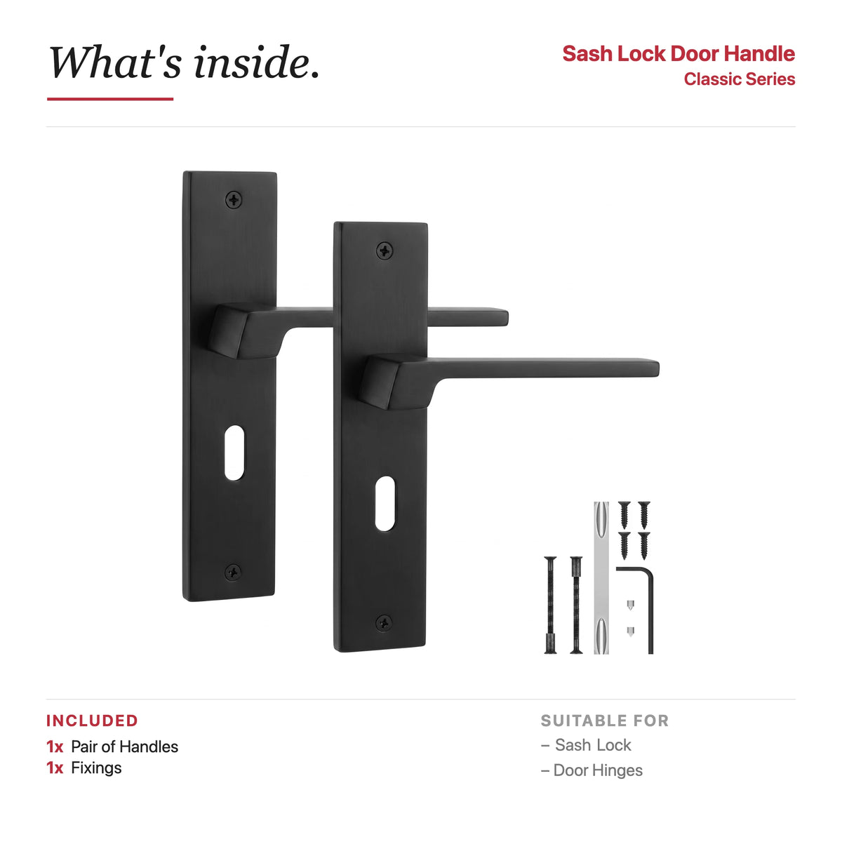 Spectra Matt Black Door Lever Handles on Backplate – showing what's included in the box
