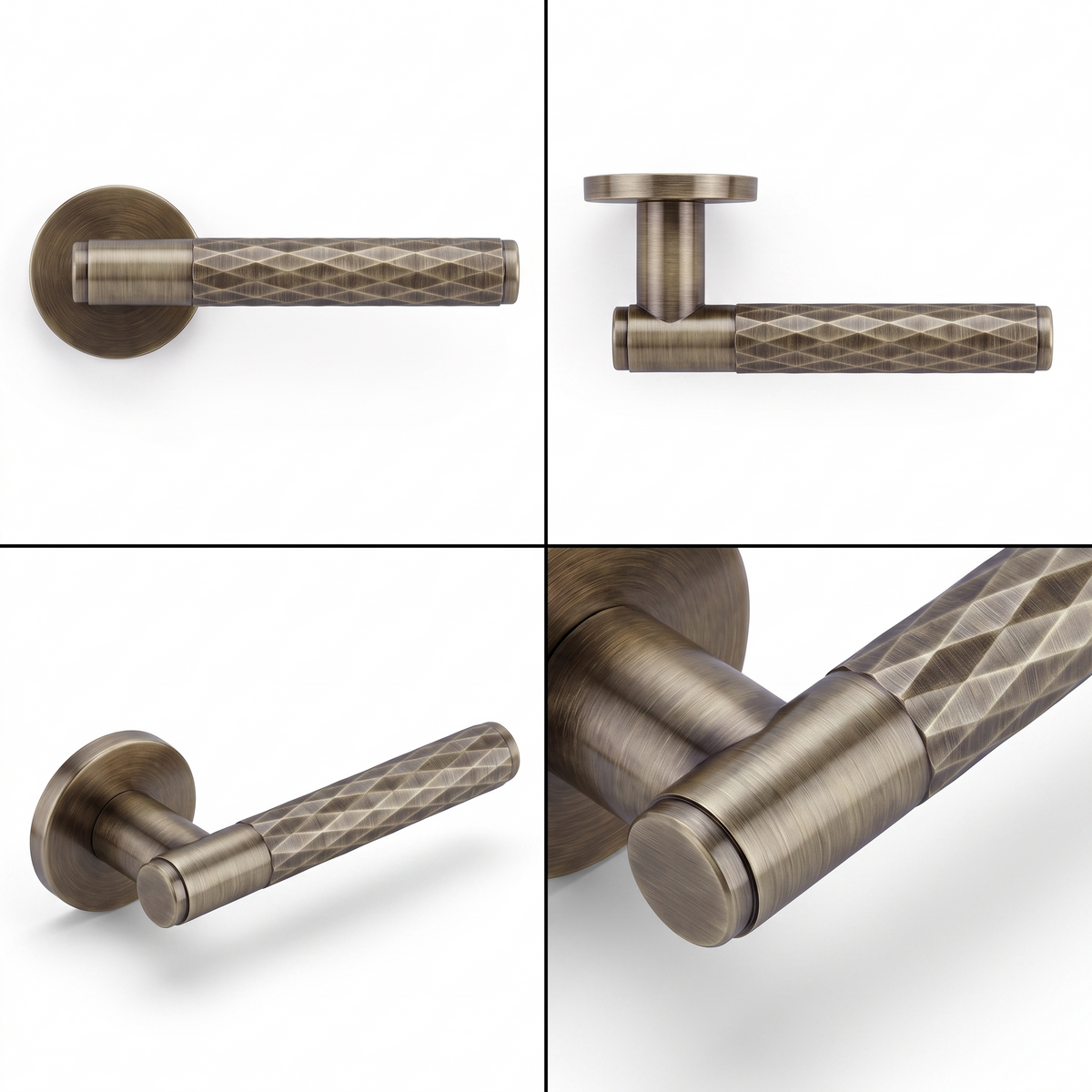 Tore Antique Brass Bathroom Door Lever Handles – shown from multiple angles