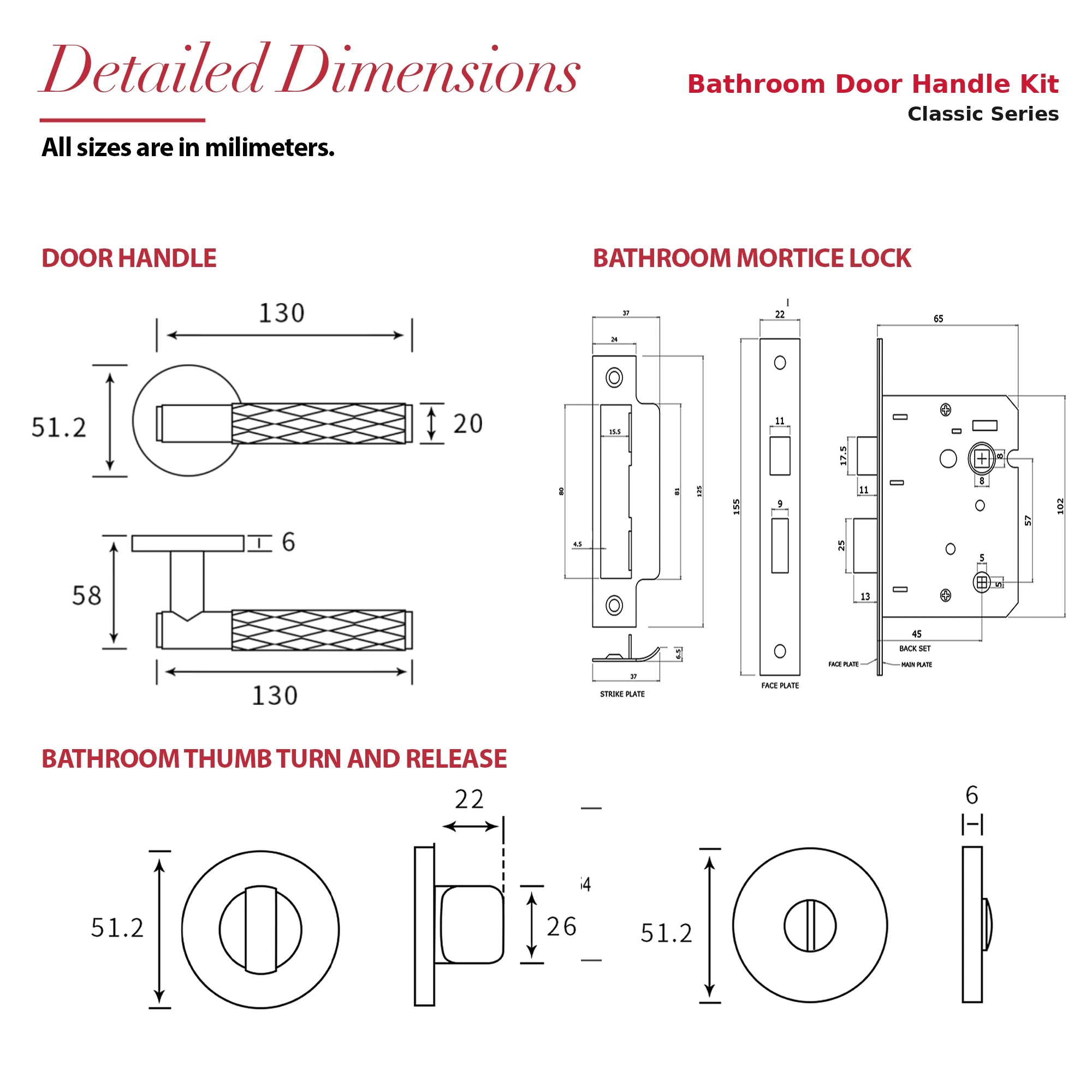 Tore Antique Brass Bathroom Door Handles – dimensions and measurements diagram