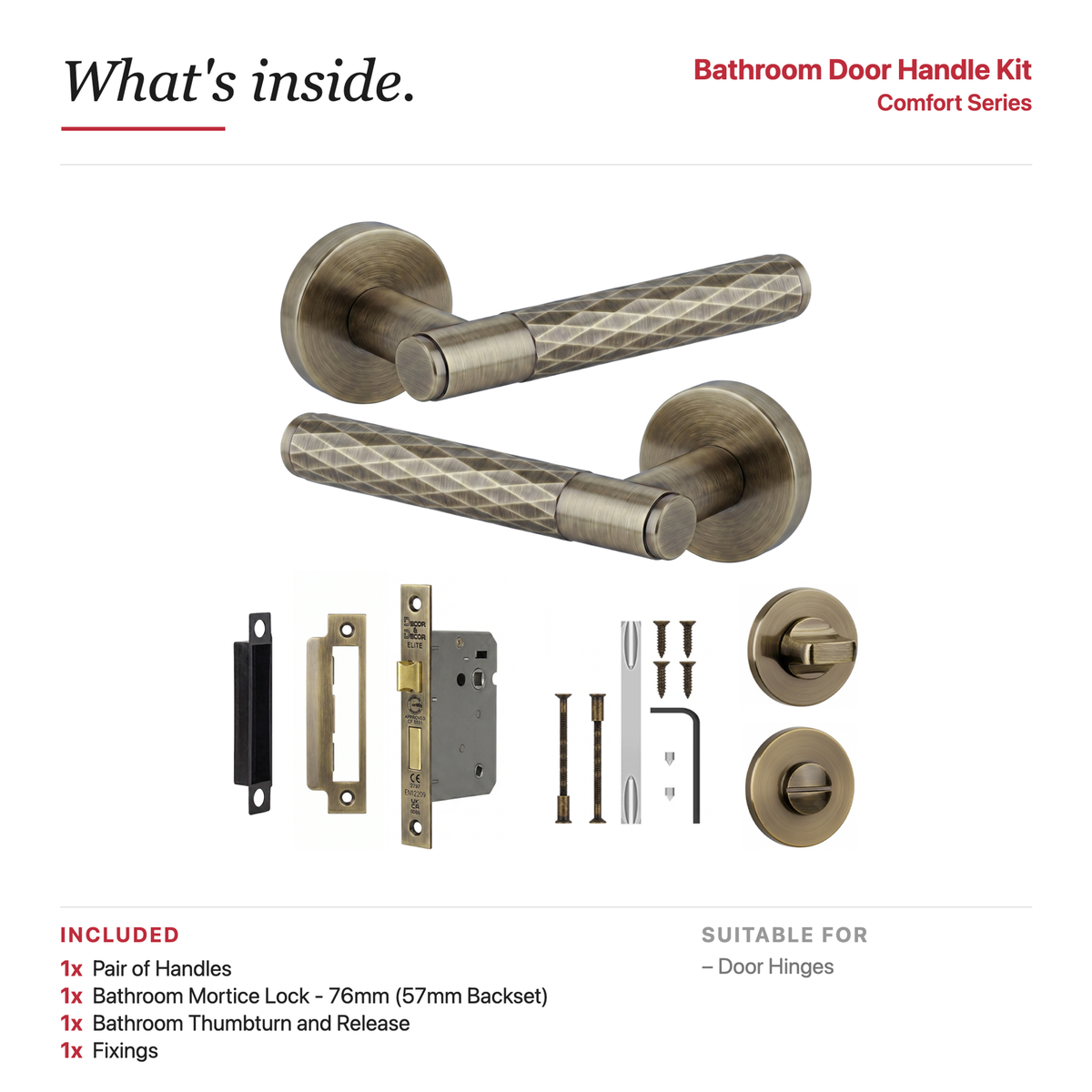 Tore Antique Brass Bathroom Door Lever Handles – showing what's included in the box