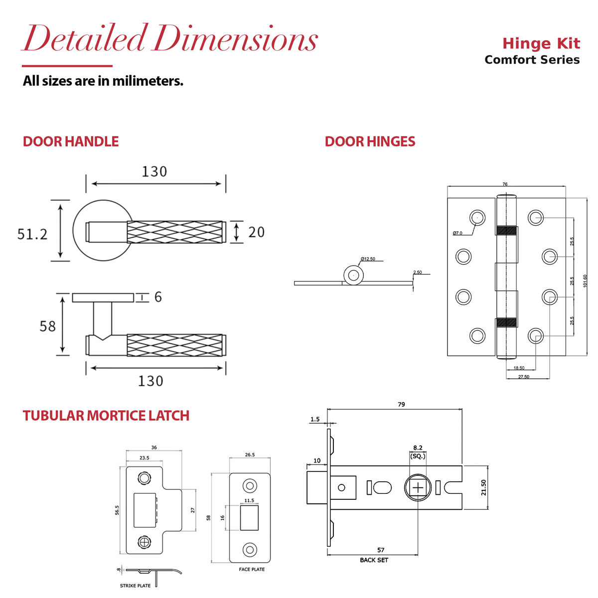 Tore Antique Brass Passage Door Lever Handles – dimensions and measurements diagram