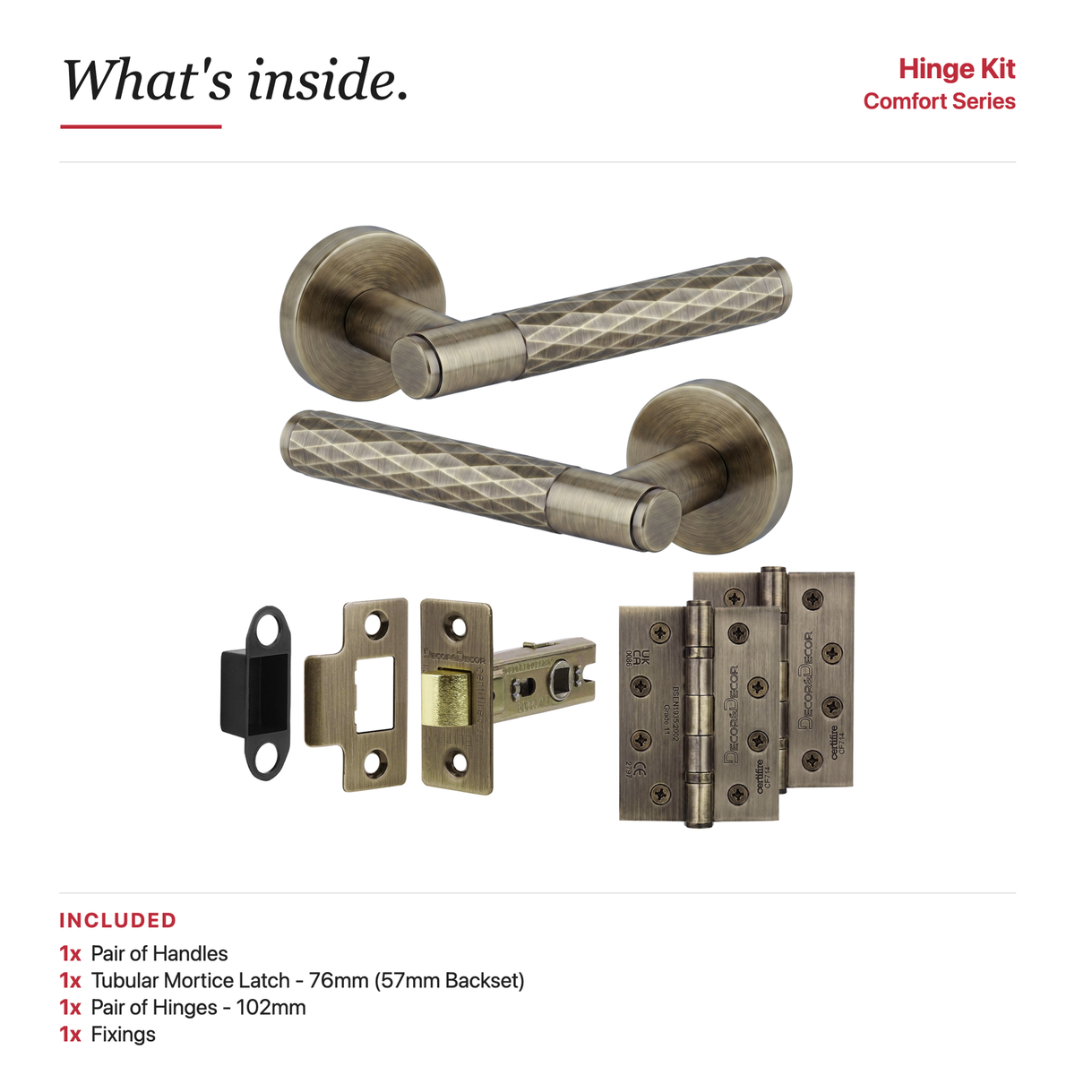 Tore Antique Brass Passage Door Lever Handles – showing what's included in the box
