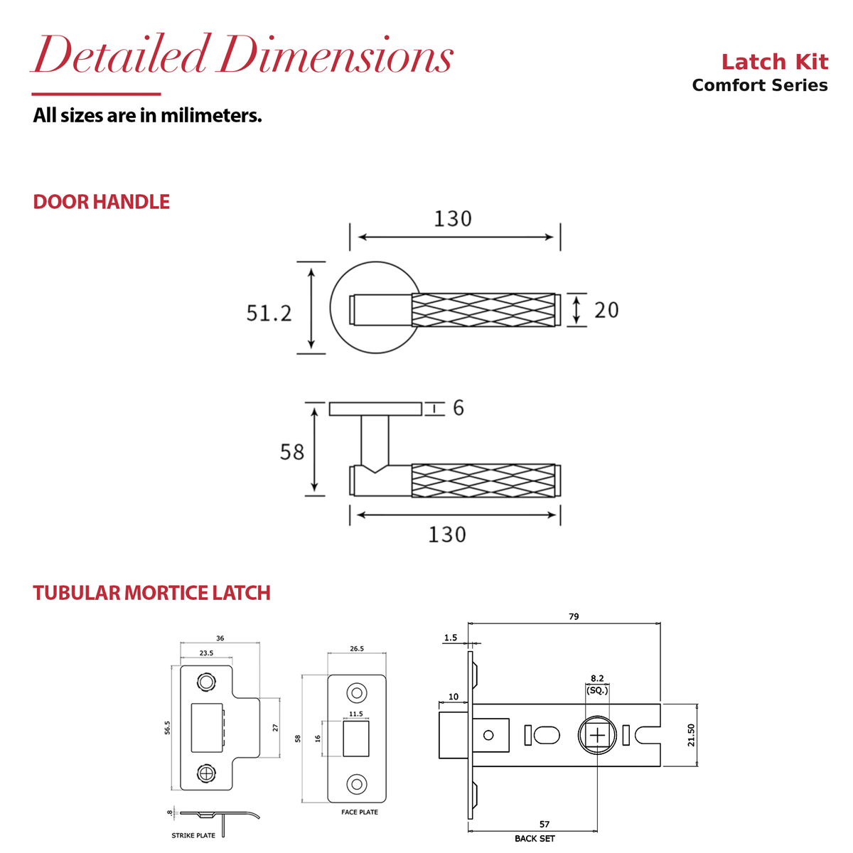 Tore Antique Brass Passage Door Lever Handles – dimensions and measurements diagram