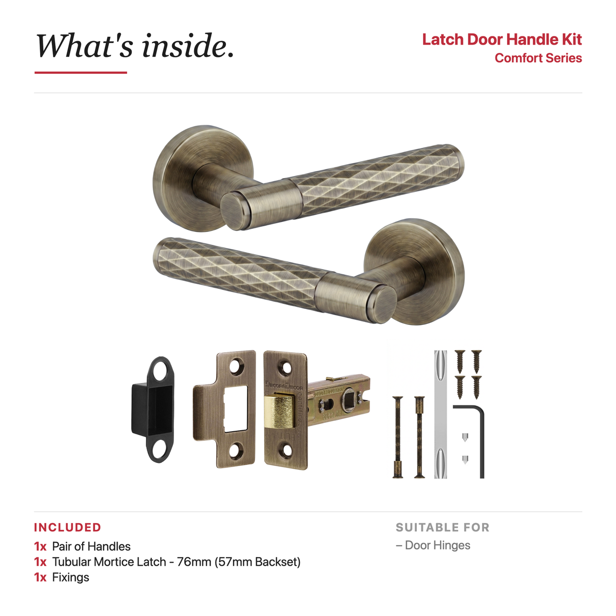 Tore Antique Brass Passage Door Lever Handles – showing what's included in the box