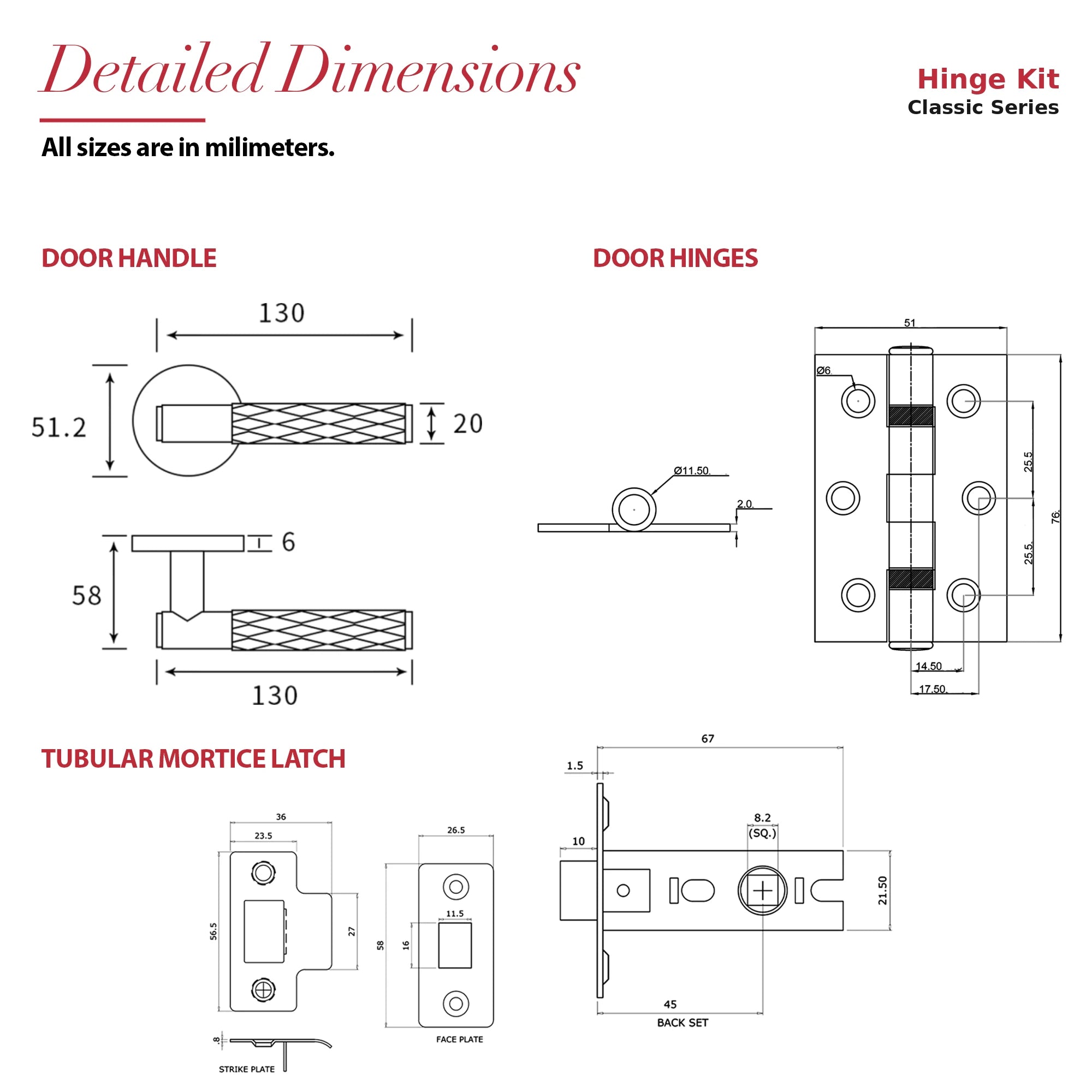 Tore Antique Brass Passage Door Handles – dimensions and measurements diagram
