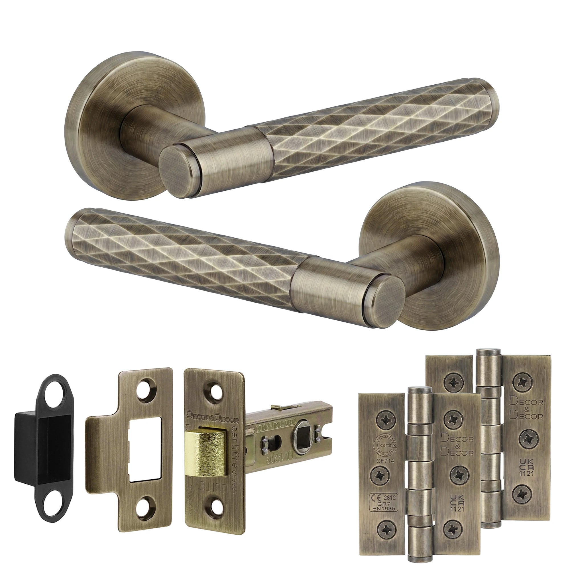 Tore Antique Brass Passage Door Handles - Latch and Hinge Set