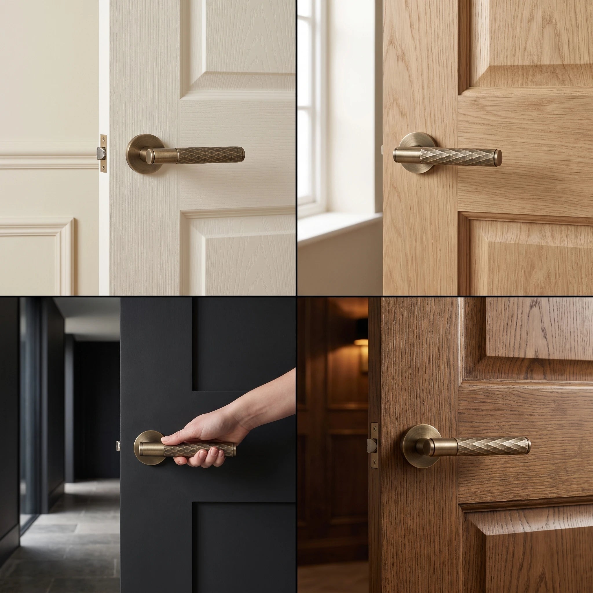 Tore Antique Brass Privacy Door Handles – fitted on an interior door in a styled room setting