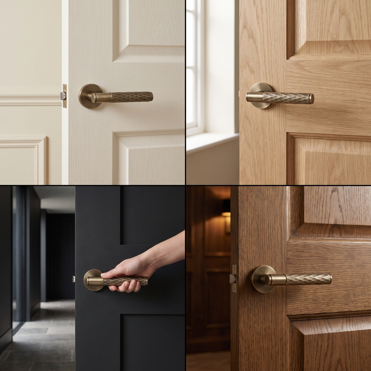 Tore Antique Brass Passage Door Lever Handles – fitted on an interior door in a styled room setting