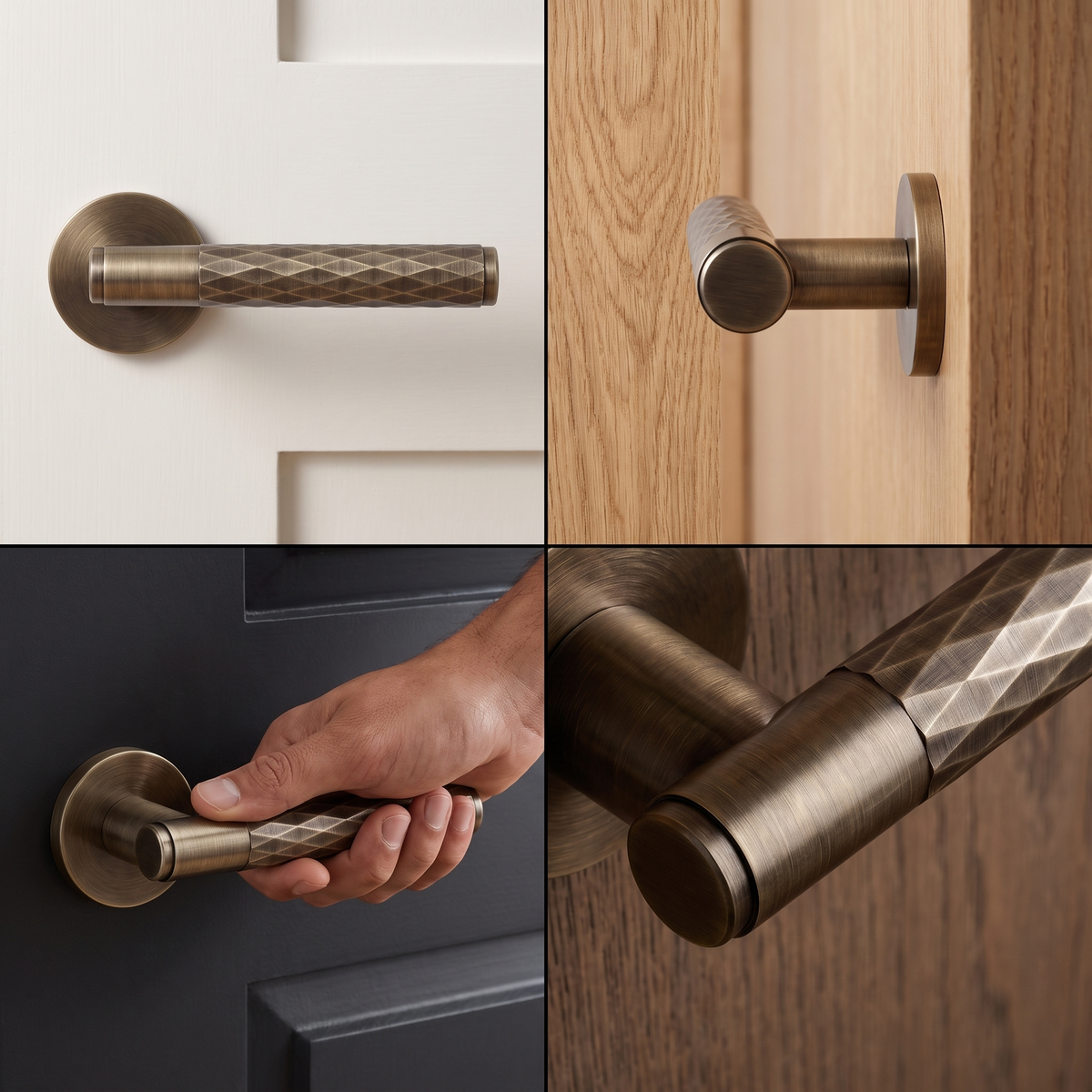 Tore Antique Brass Passage Door Lever Handles – fitted on an interior door in a styled room setting 2