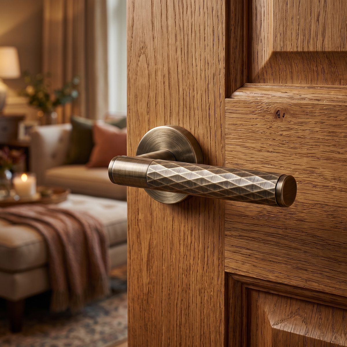Tore Antique Brass Passage Door Lever Handles – fitted on an interior door in a styled room setting 3
