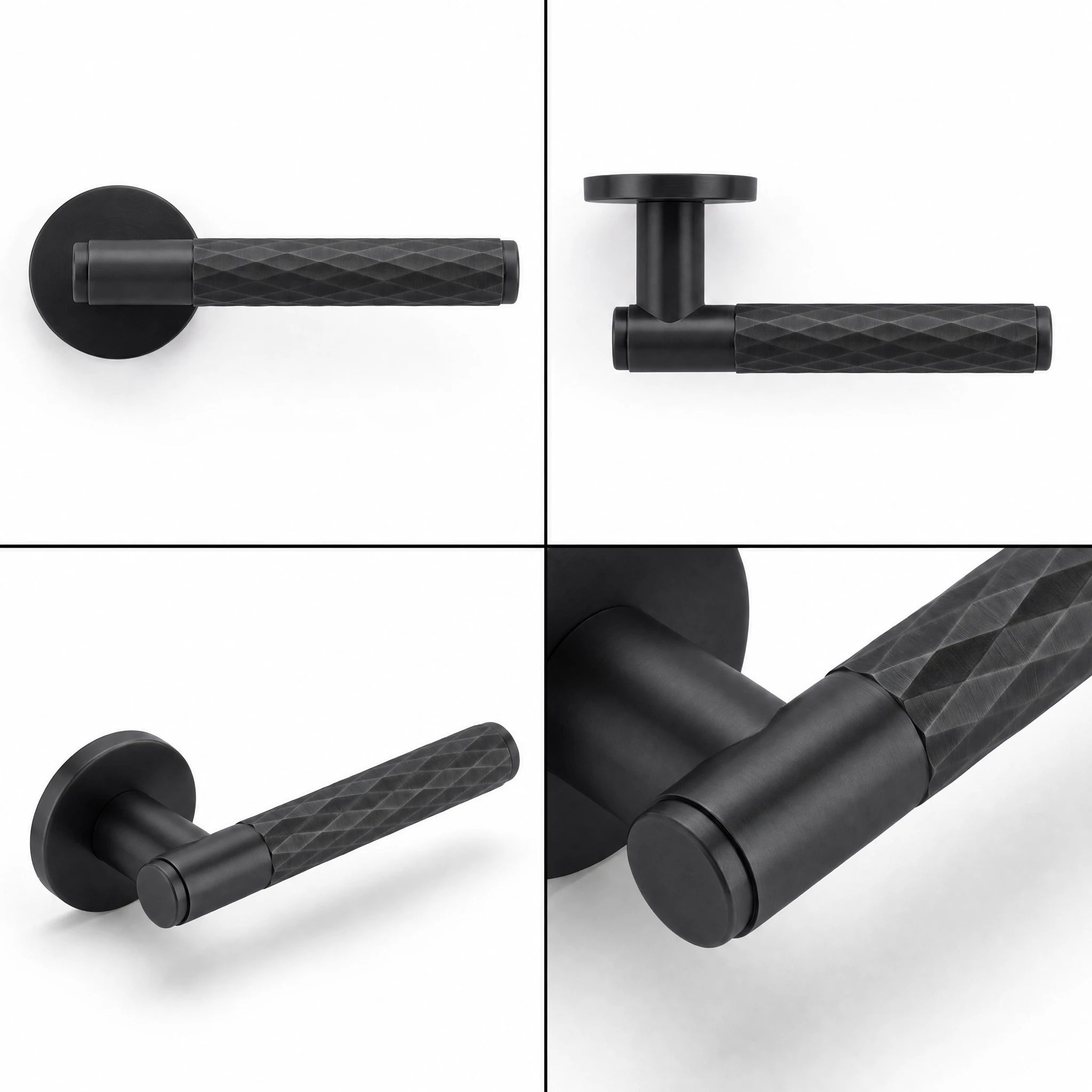 Tore Matt Black Bathroom Door Handles – shown from multiple angles