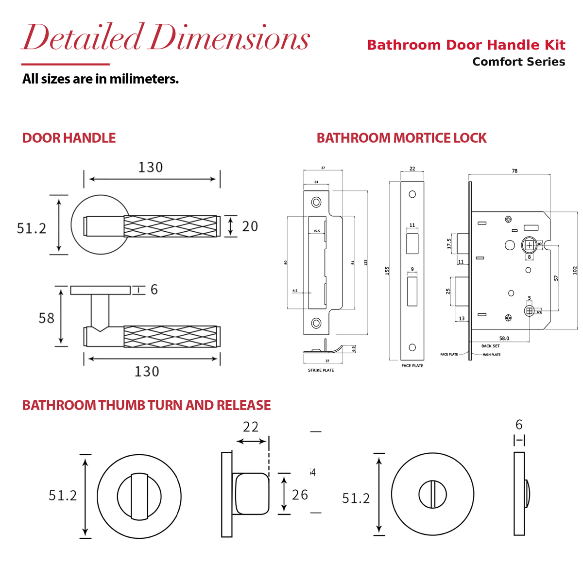 Tore Matt Black Bathroom Door Lever Handles – dimensions and measurements diagram