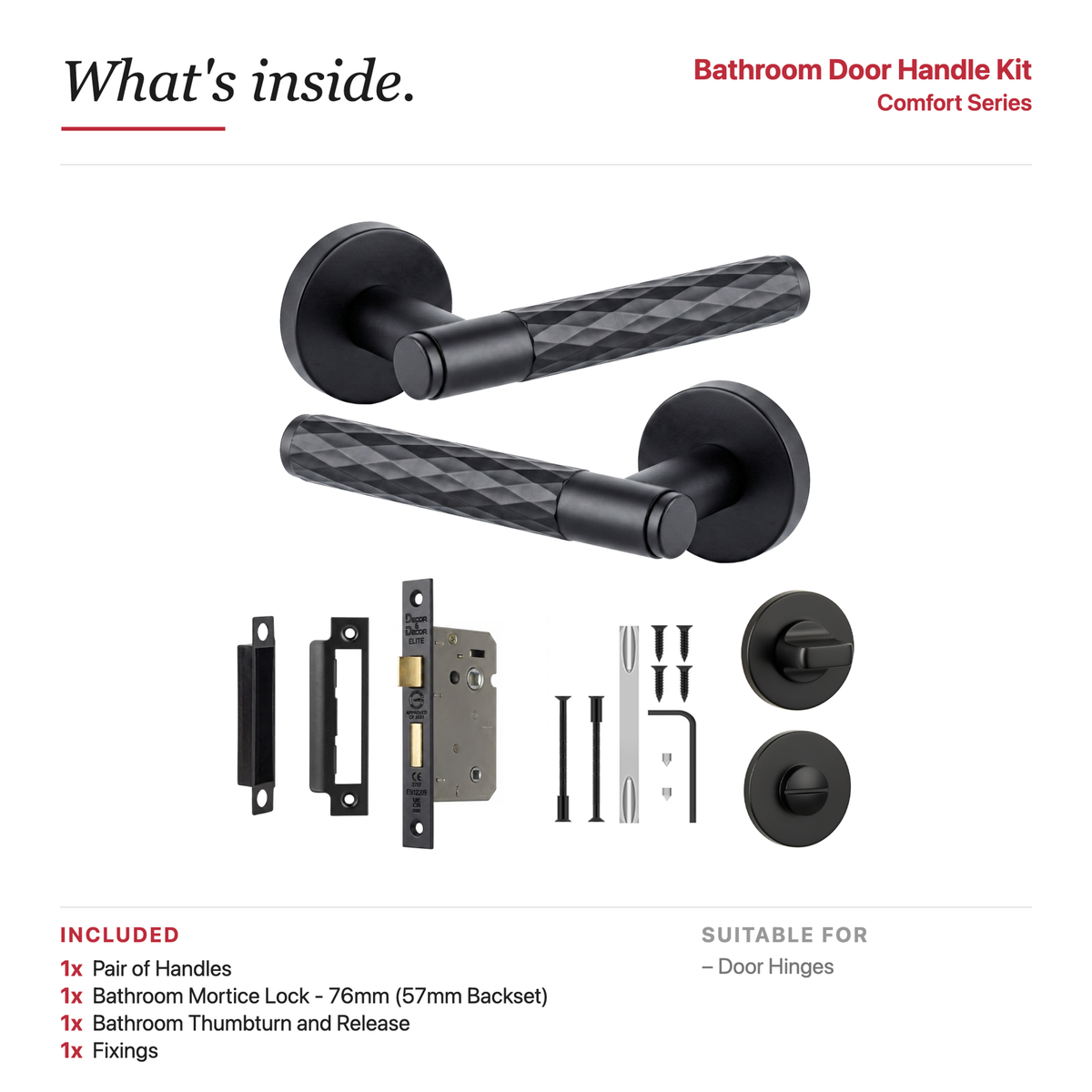 Tore Matt Black Bathroom Door Lever Handles – showing what's included in the box