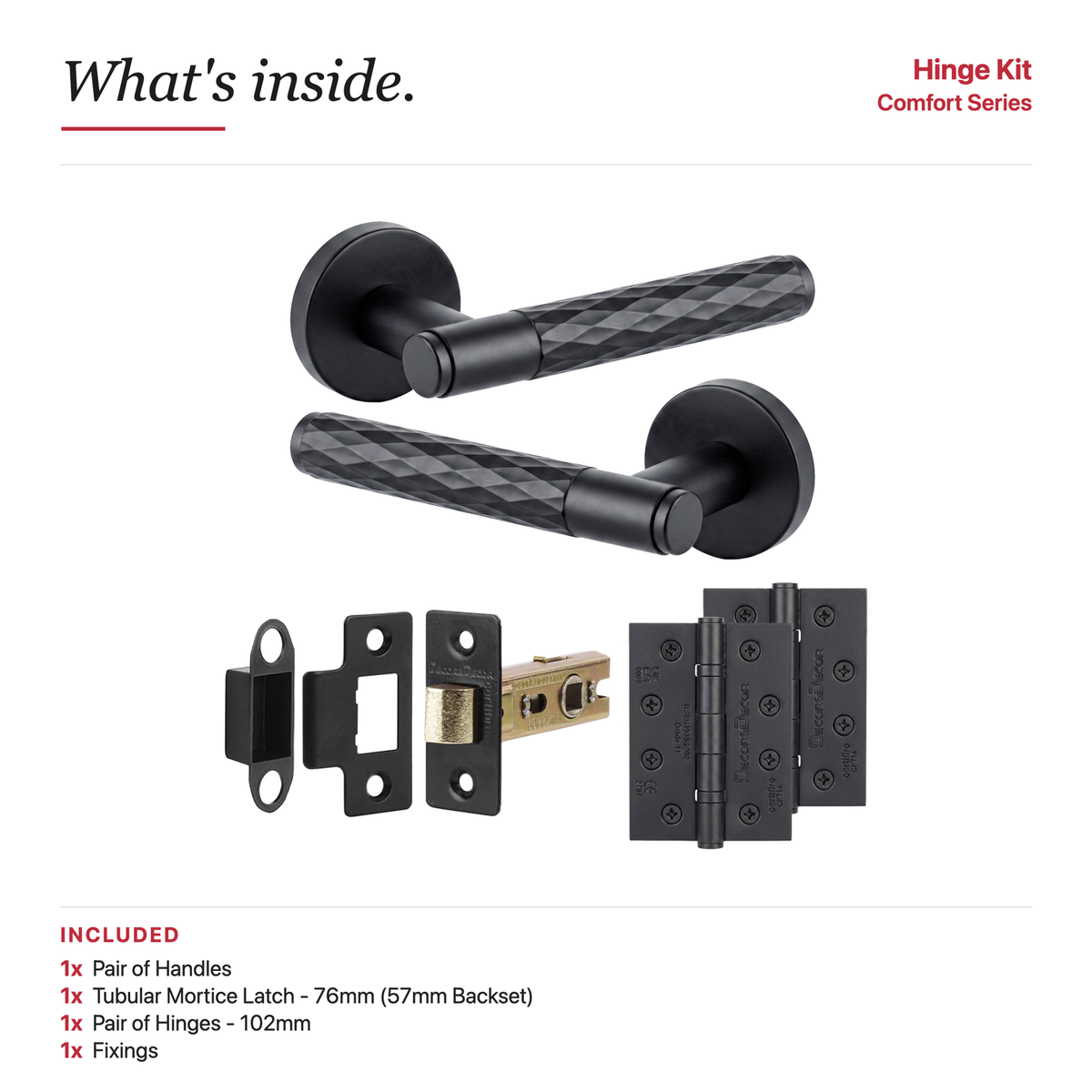 Tore Matt Black Passage Door Lever Handles – showing what's included in the box