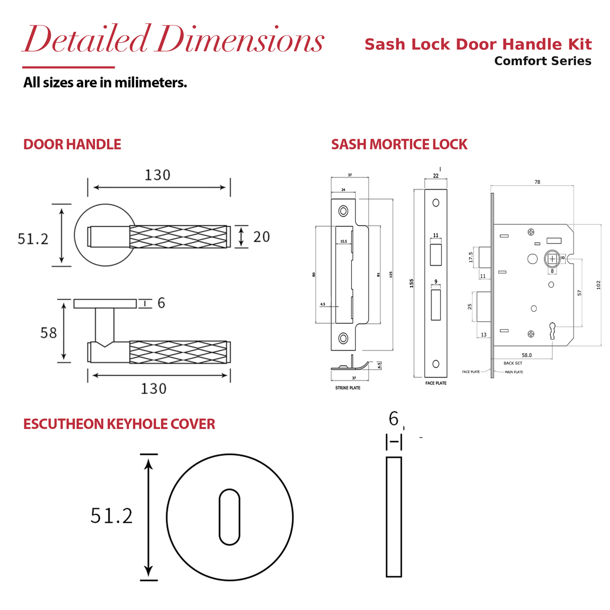 Tore Matt Black Privacy Door Lever Handles – dimensions and measurements diagram