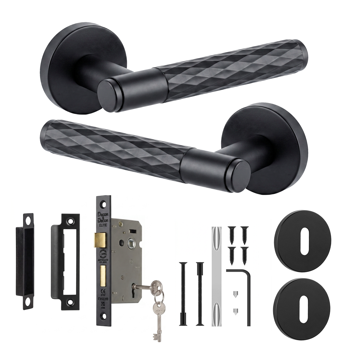 Tore Matt Black Privacy Door Lever Handles - Sash Lock Kit 76mm