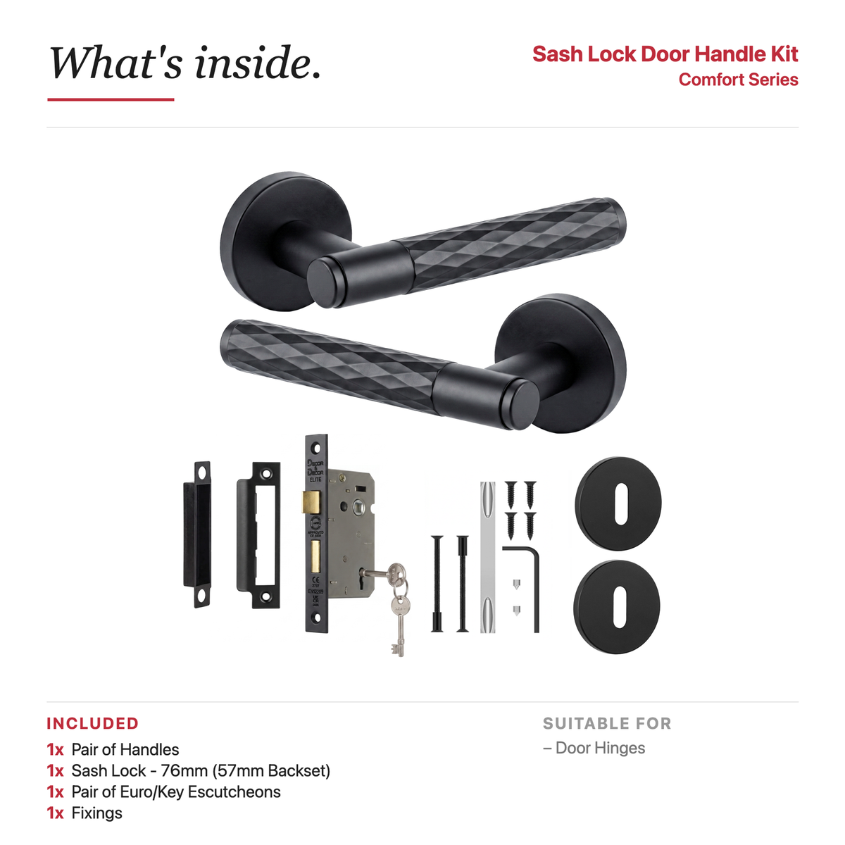 Tore Matt Black Privacy Door Lever Handles – showing what's included in the box