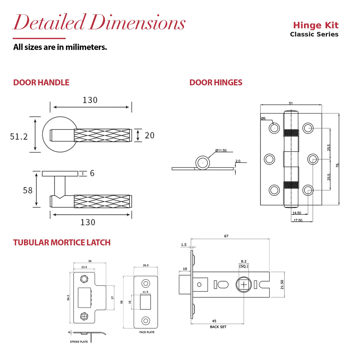 Tore Matt Black Passage Door Handles – dimensions and measurements diagram